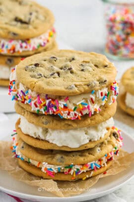 cropped stack of ice cream cookie sandwiches with text