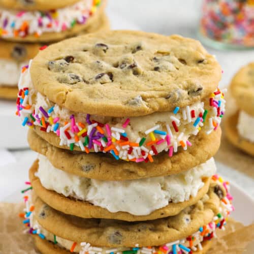 cropped stack of ice cream cookie sandwiches with text