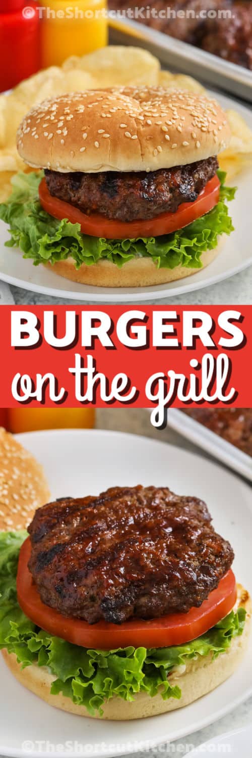 open faced BBQ Grilled Burgers and burger with chips with writing