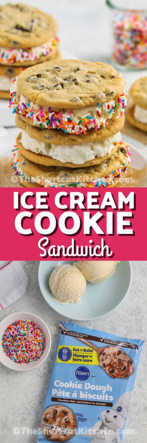 ice cream cookie sandwich and ingredients with text