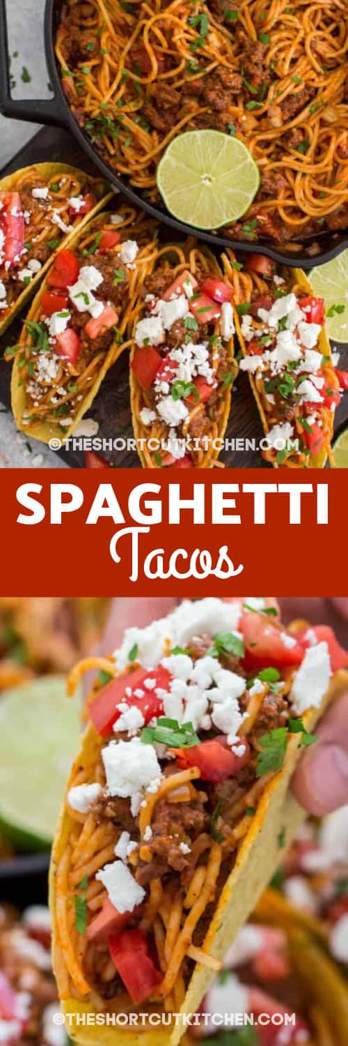 spaghetti tacos on a platter and a spaghetti taco in a hand with text