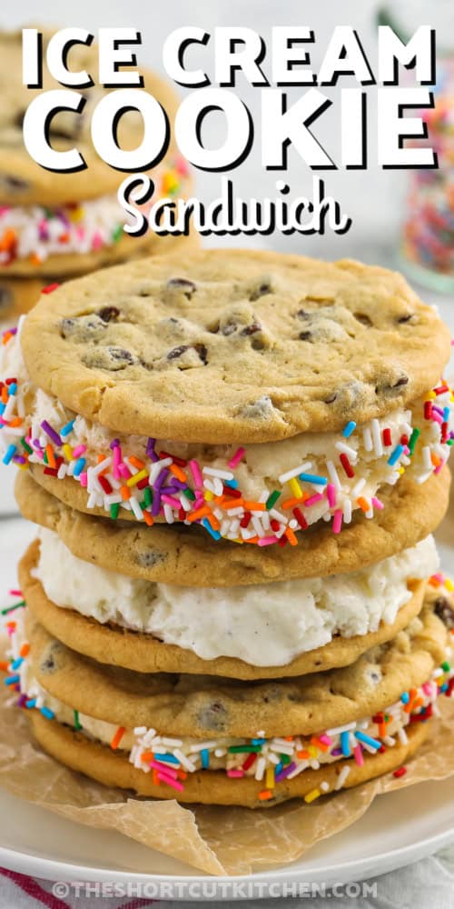 stacked ice cream cookie sandwiches with writing
