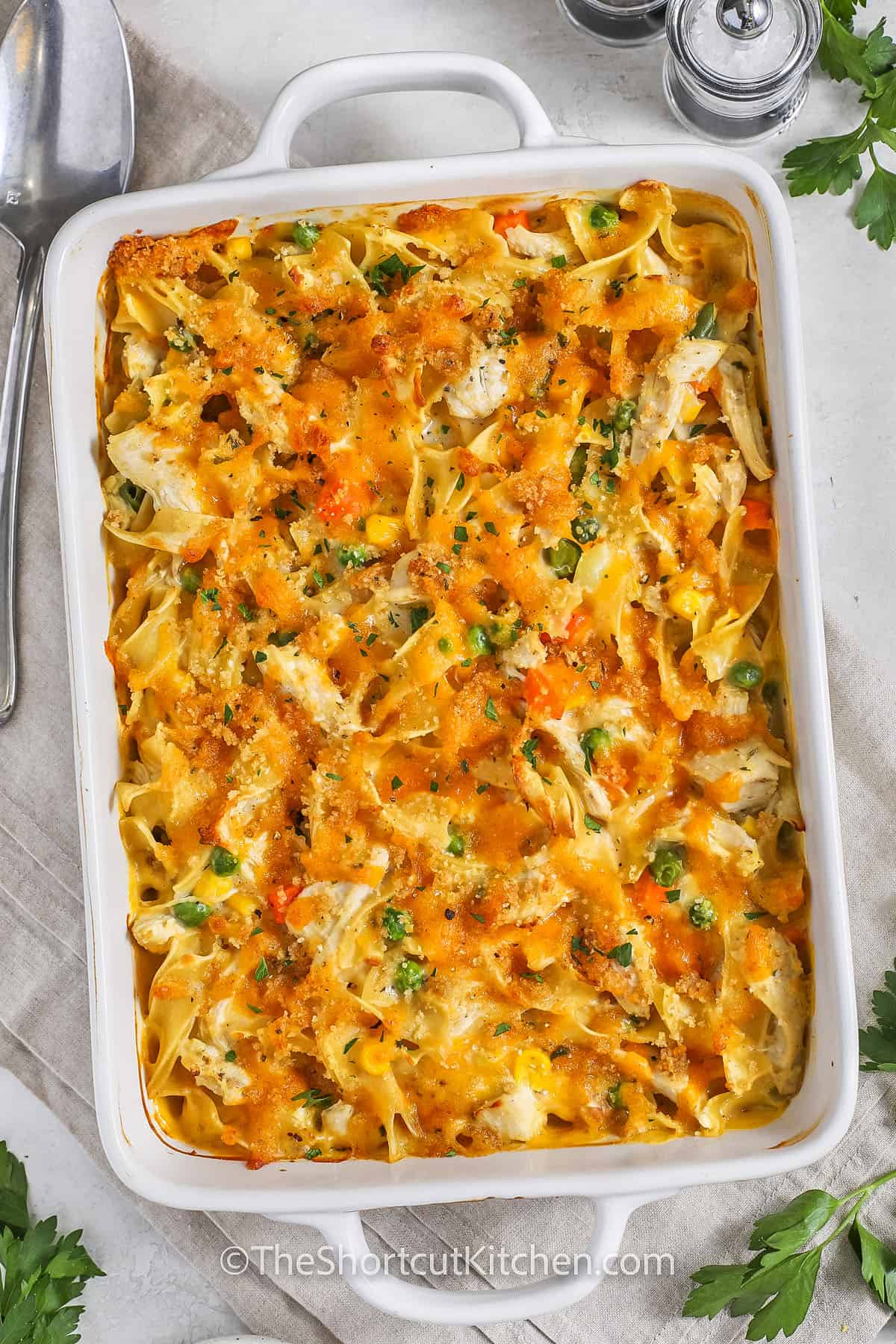 A baked chicken and noodle casserole