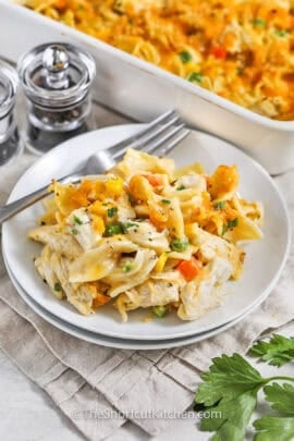 A serving of chicken and noodle casserole