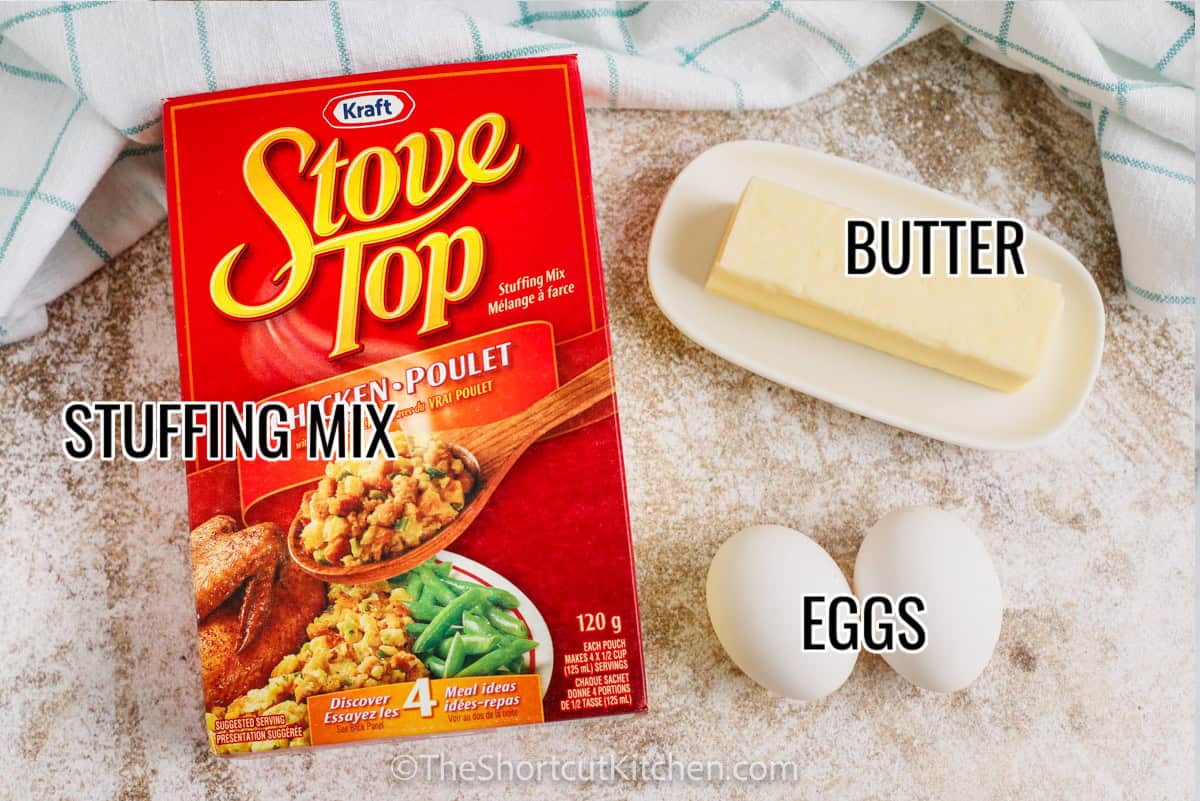 ingredients assembled to make stuffing waffles, including stuffing mix, butter, and eggs