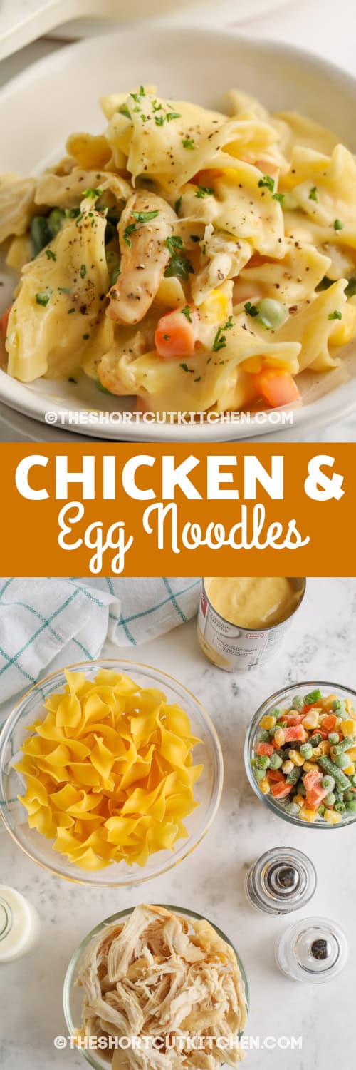 chicken and egg noodles and ingredients with text