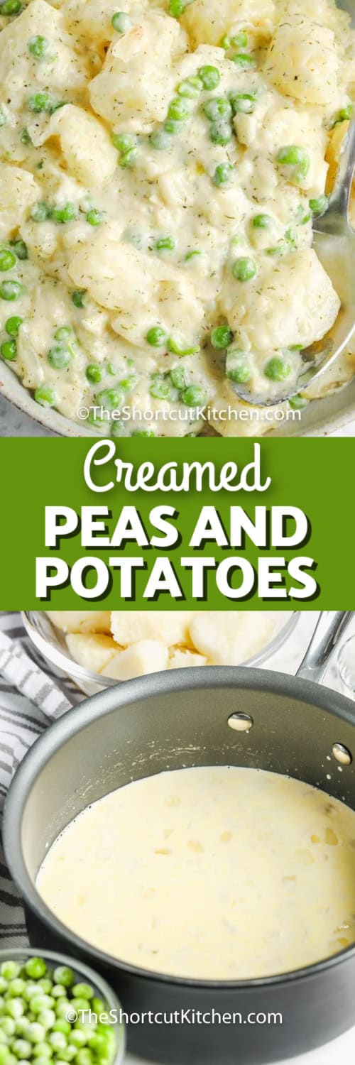 Top image - a bowl of Creamed Peas and Potatoes. Bottom image - Creamed peas in a bowl with a title