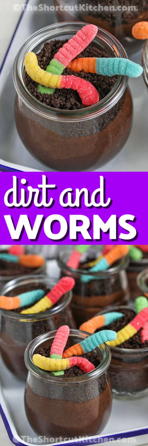 Dirt and Worms on a platter and close up with a title