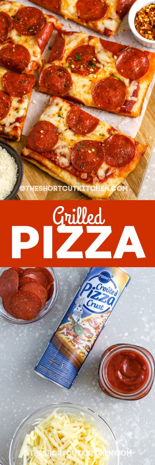 grilled pizza and ingredients with text