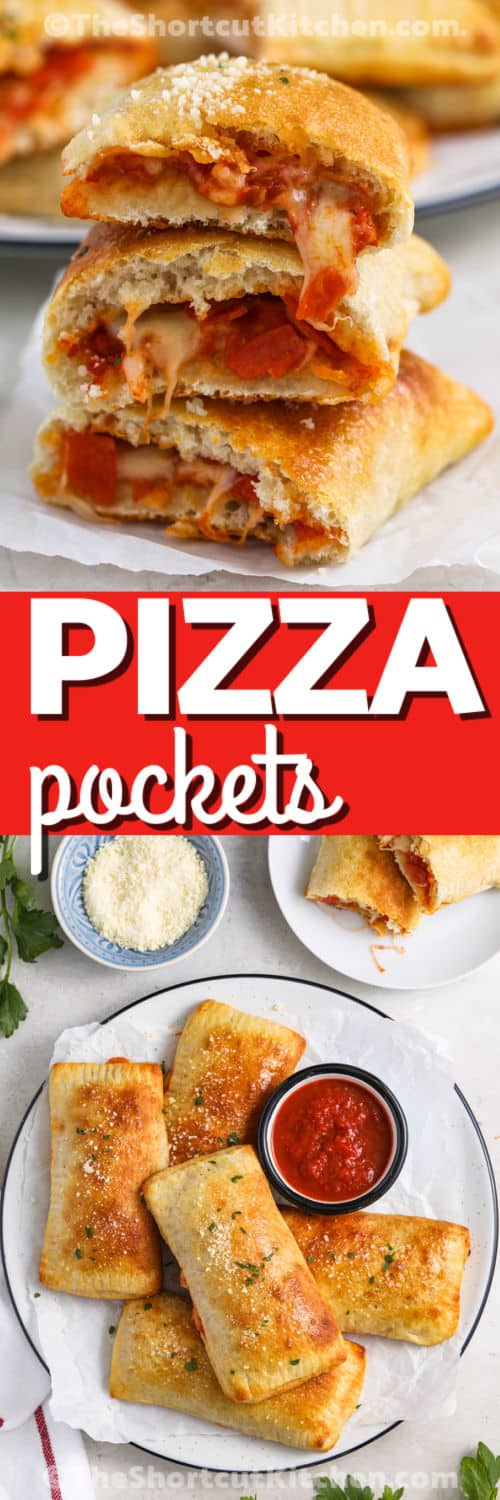 Pizza Pockets on a plate and pieces in a stack with a title