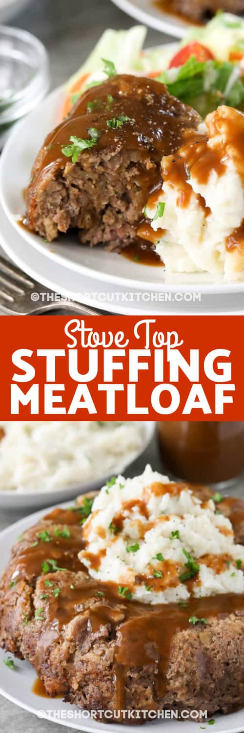 stove top stuffing meatloaf whole and sliced with text