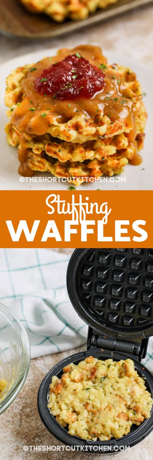 stuffing waffles and waffles batter in a waffle iron with text