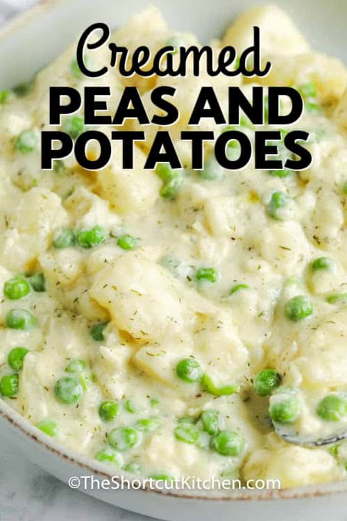 A bowl of creamed peas and potatoes with a title