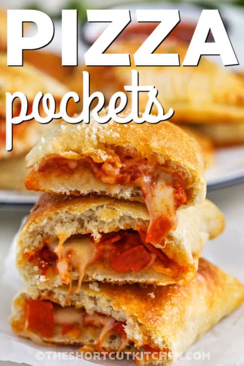 close up of cheesy Pizza Pockets with a title