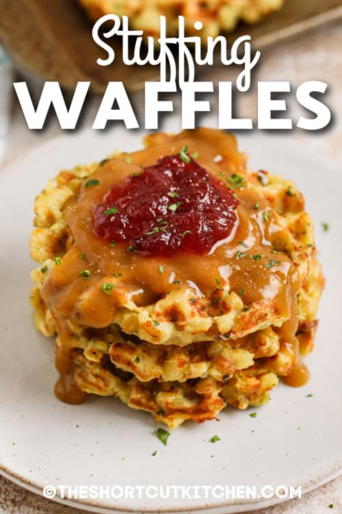 stack of stuffing waffles with text