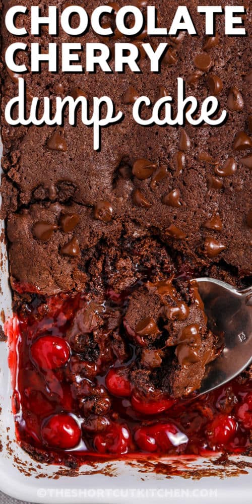 taking a spoonfull of Chocolate Cherry Dump Cake out of the dish with writing