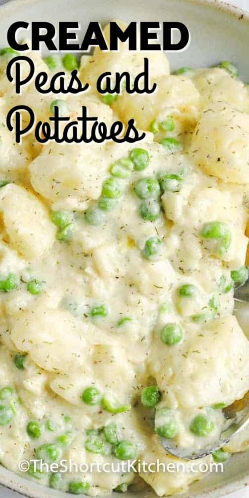 Creamed peas and potatoes in a bowl with title