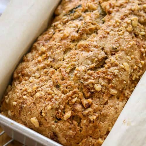 baked loaf of Easy Zucchini Bread in the dish