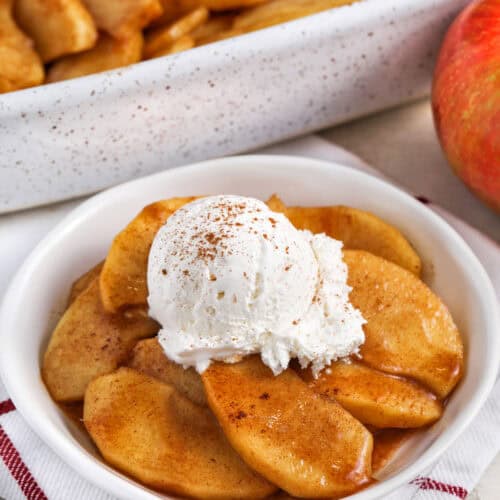 Baked Apple Slices in the casserole dish and plated with ice cream and cinnamon