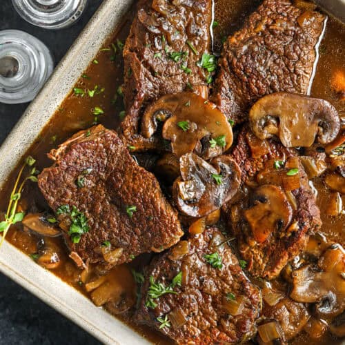 dish of cooked Braised Steak and Mushrooms