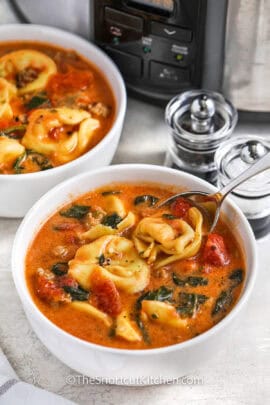 plated dishes of Crockpot Tortellini Soup