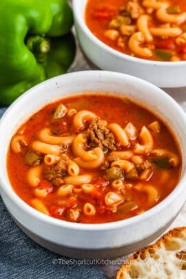 hamburger macaroni soup in a bowl