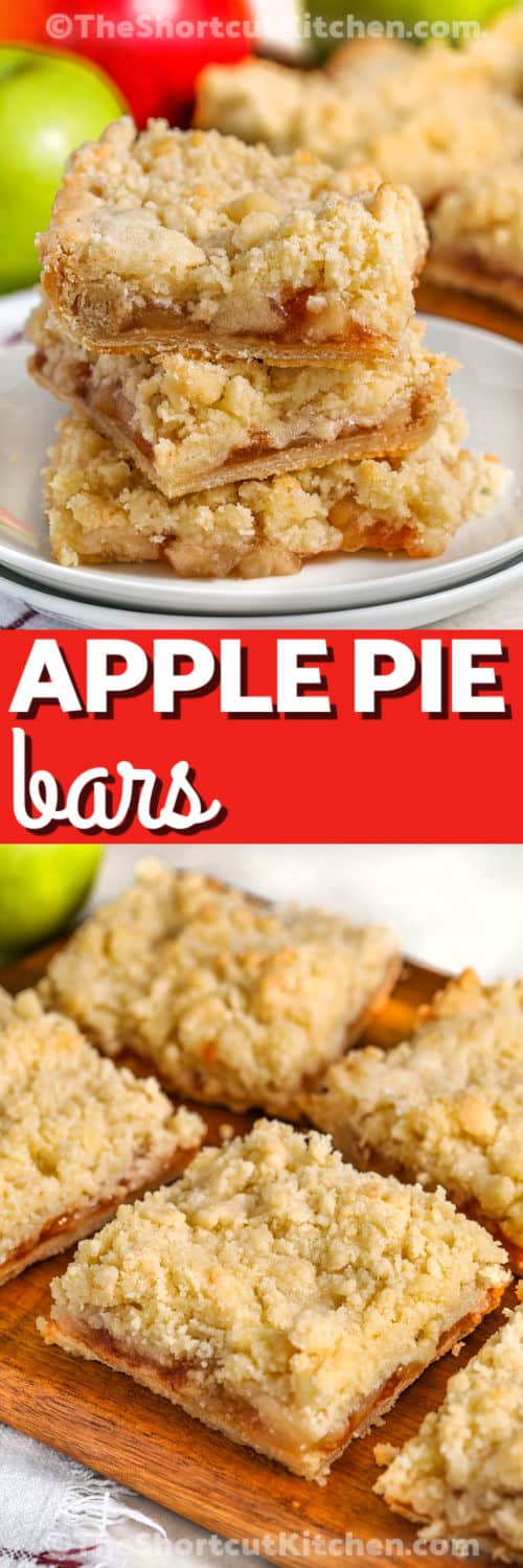 Apple Pie Bars on a wooden cutting board and plated with a title