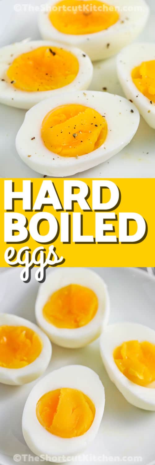 Microwave Hard Boiled Eggs on a plate and close up photo with salt and pepper with a title