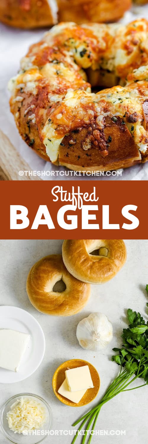 stuffed bagels and ingredients with text