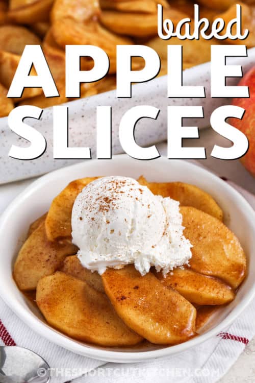 plated Baked Apple Slices with ice cream and cinnamon with a title