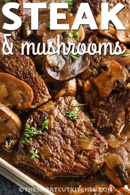 Braised Steak and Mushrooms with onions and gravy with a title