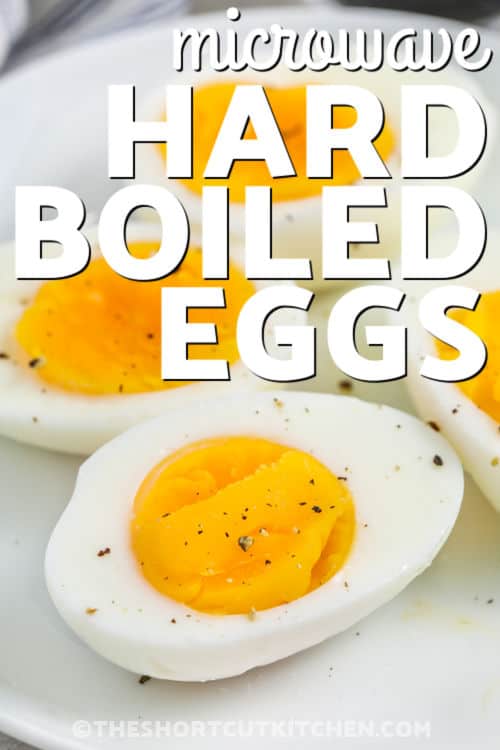 Microwave Hard Boiled Eggs with salt and pepper and a title