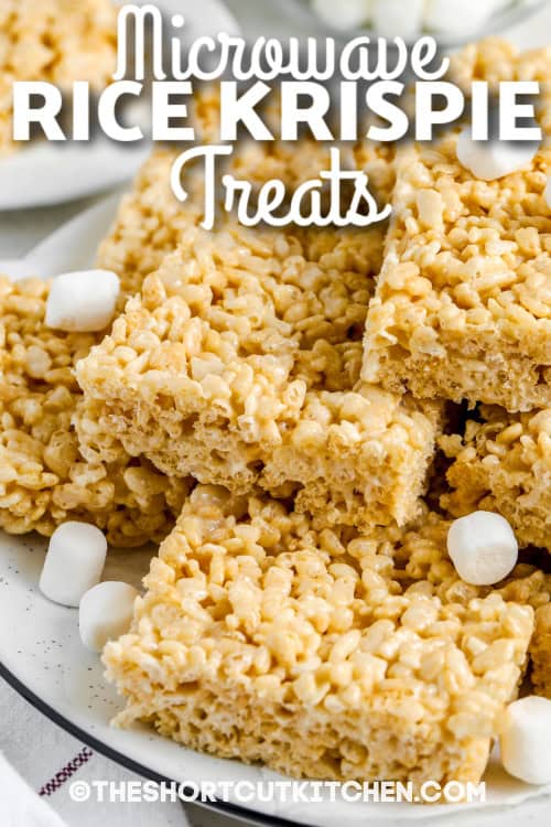 plate of rice krispies treats with text