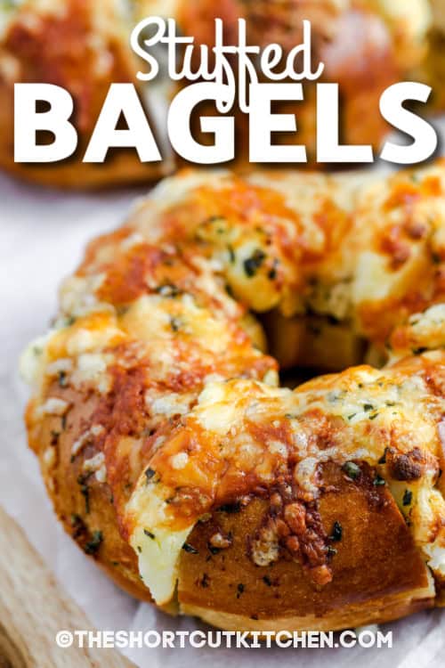 stuffed bagels on a cutting board with text