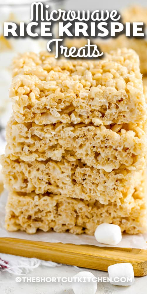 stack of rice krispies treats with text