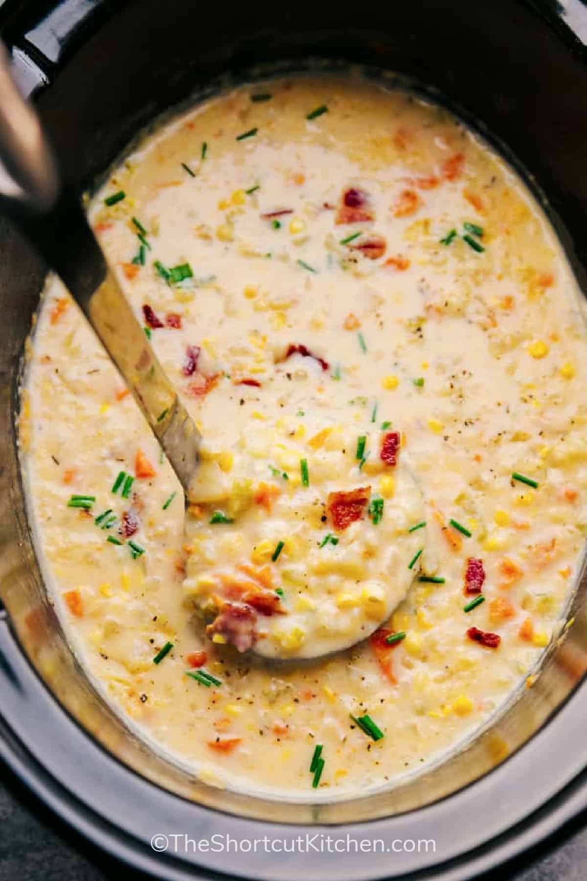 Crockpot Corn Chowder With Potatoes And Bacon in the pot