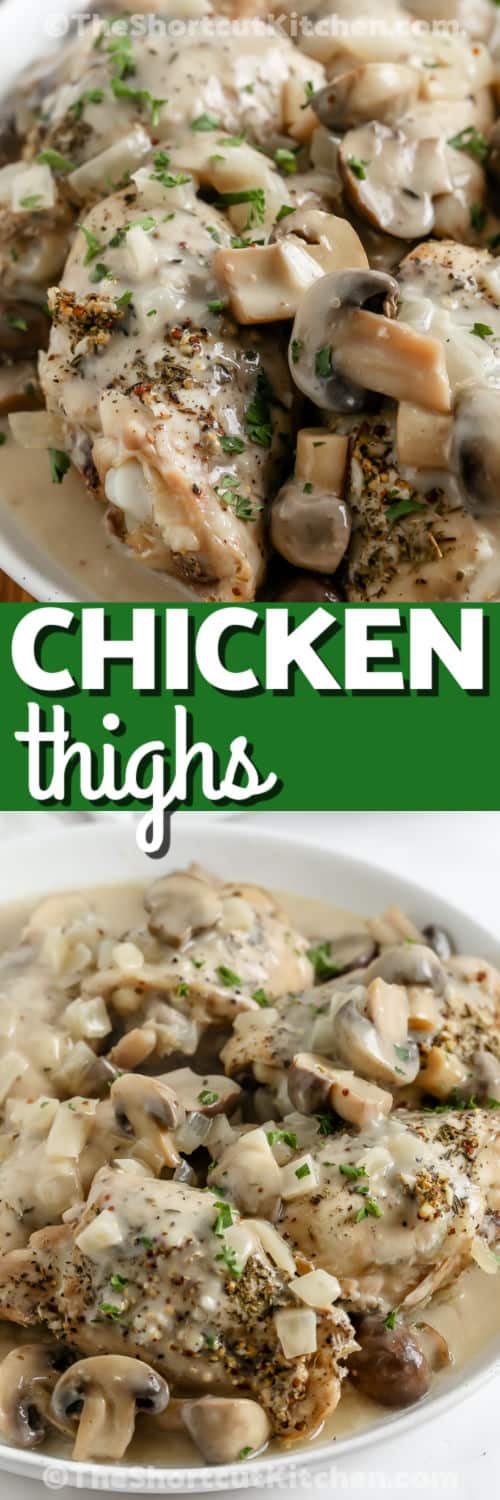 plated Slow Cooker Chicken Thighs Recipe and close up photo with a title