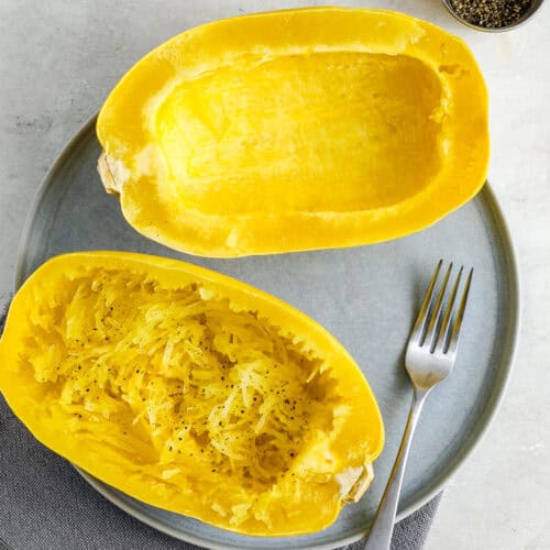 semi porepared microwave spaghetti squash on a plate