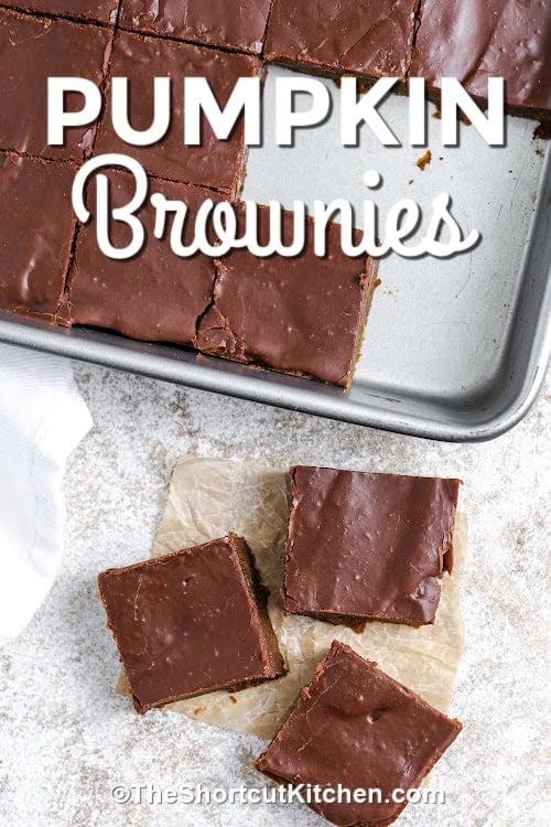 A tray of pumpkin brownies with a title