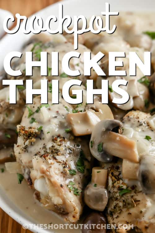 plate of Slow Cooker Chicken Thighs Recipe with a title