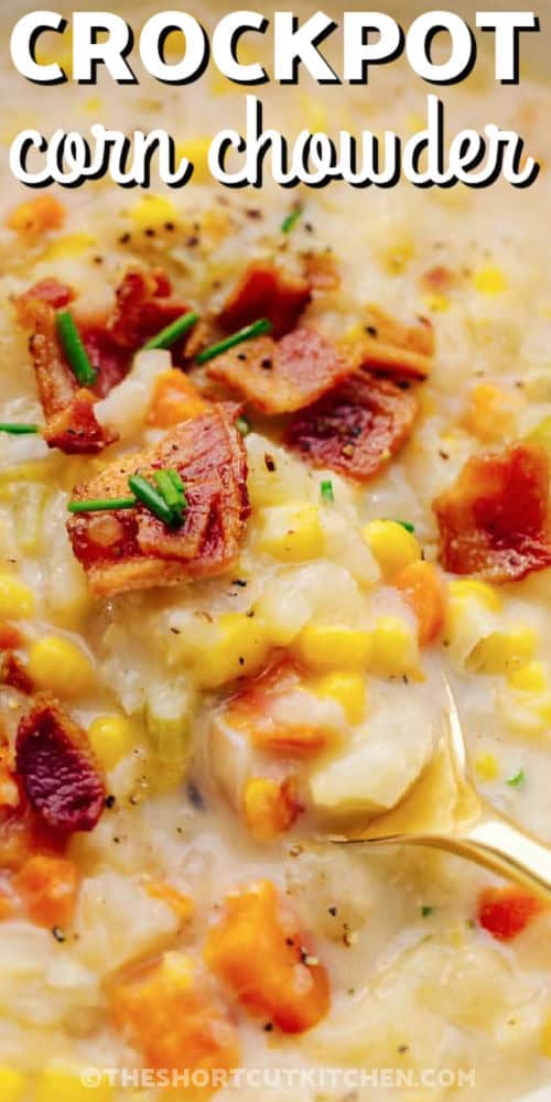 close up of Crockpot Corn Chowder With Potatoes And Bacon