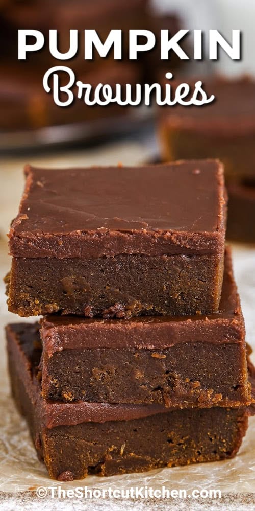 a stack of three pumpkin brownies with a title