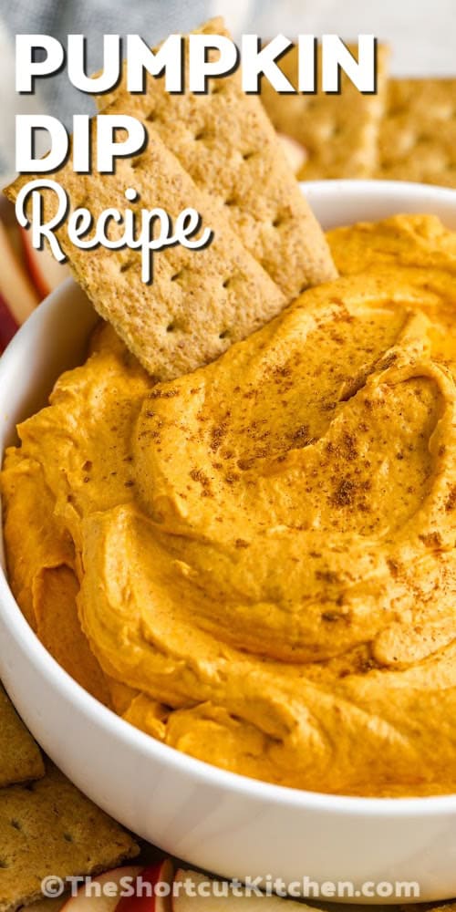 a bowl of pumpkin dip with graham wafers with a title