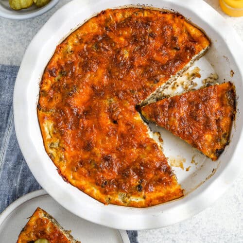 Bisquick Cheeseburger Pie baked in a pie plate