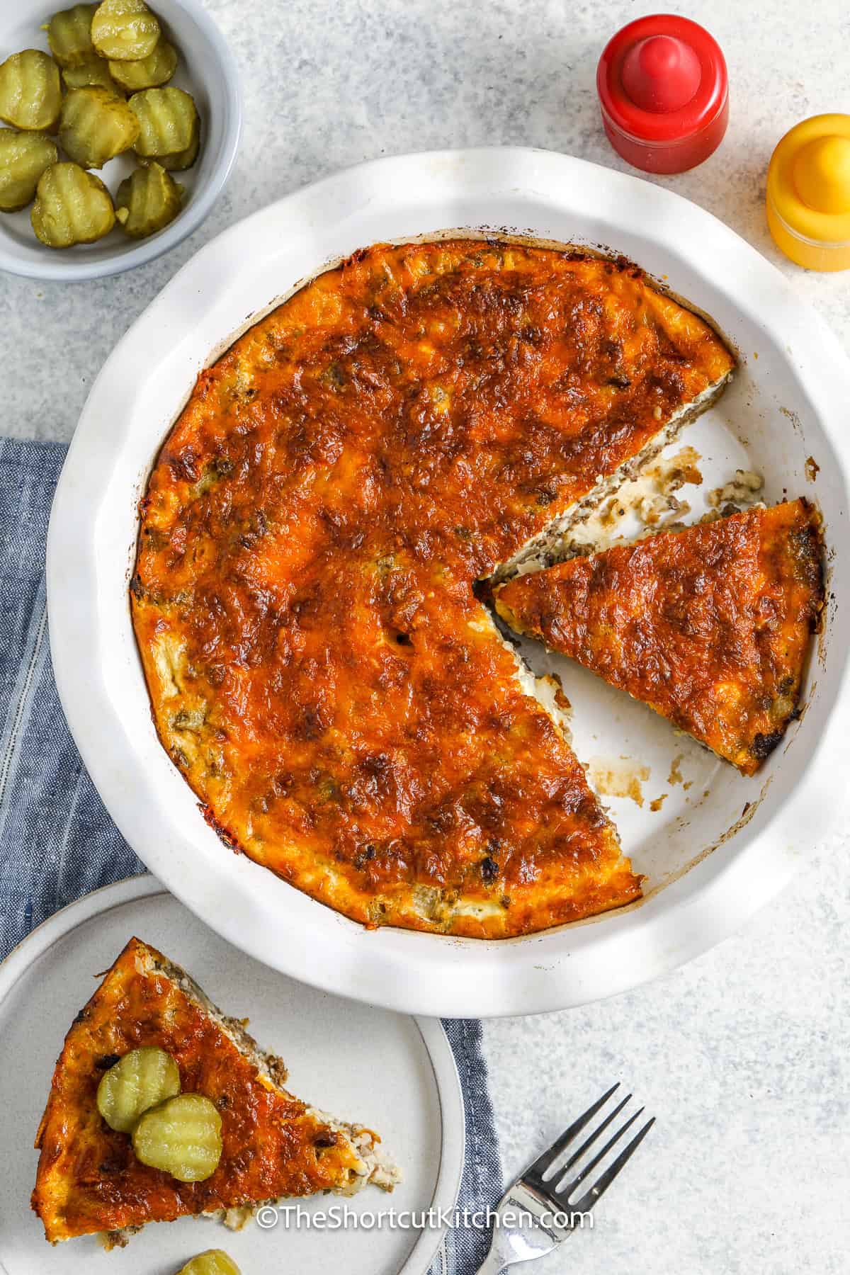 Bisquick Cheeseburger Pie baked in a pie plate