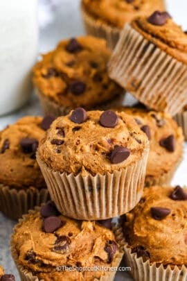 Pumpkin Chocolate Chip Muffins stacked