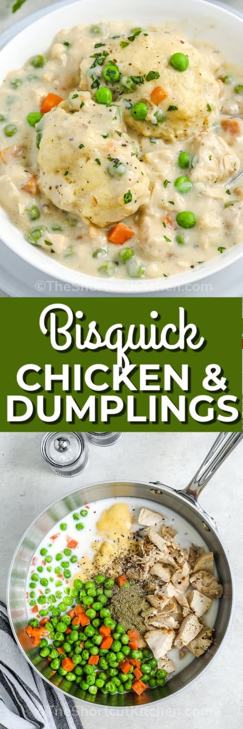 top image - a bowl of bisquick chicken and dumplings. Bottom image - ingredients to make bisquick chicken and dumplings in a pot with a title