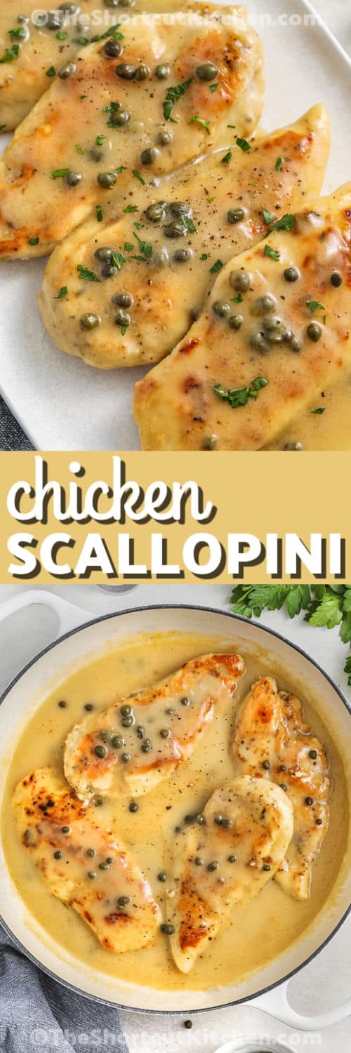 Chicken Scallopini Recipe in a pot and plated with a title