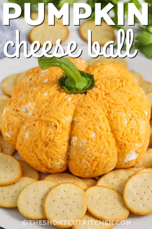 Pumpkin Cheese Ball with crackers and a title