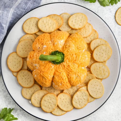 pumpkin cheese ball on a plate with crackers